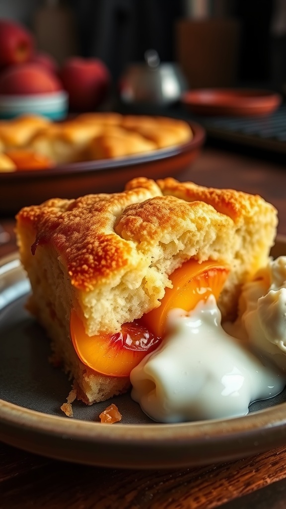 A slice of peach cobbler cake with peaches and ice cream on a rustic plate.